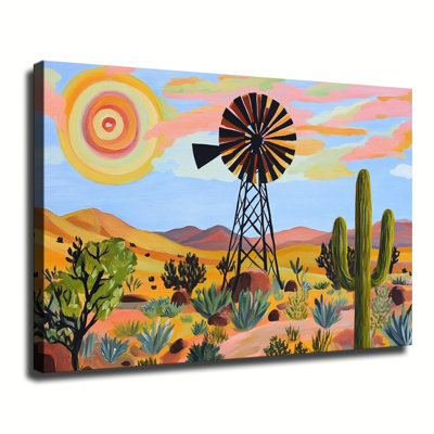 Paysage désertique du Sud-Ouest avec moulin à vent et cactus saguaro, peinture à l'huile sur toile tendue grand format, idéale pour le salon ou la chambre.