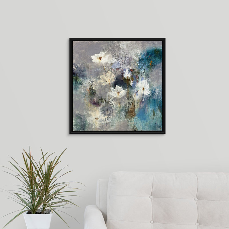 « gathering lilies », peinture sur toile, H 31,7 po x l 31,7 po x p 1,75 po, Cadre flottant noir