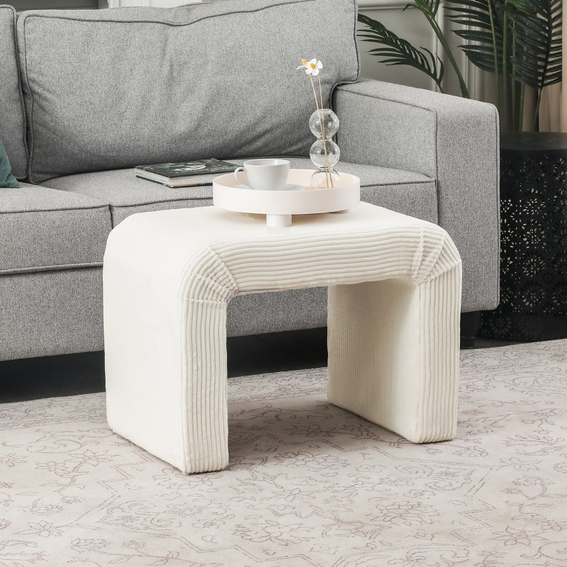 24 Inches Upholstered Waterfall Ottoman Footstool, Ivory Corduroy