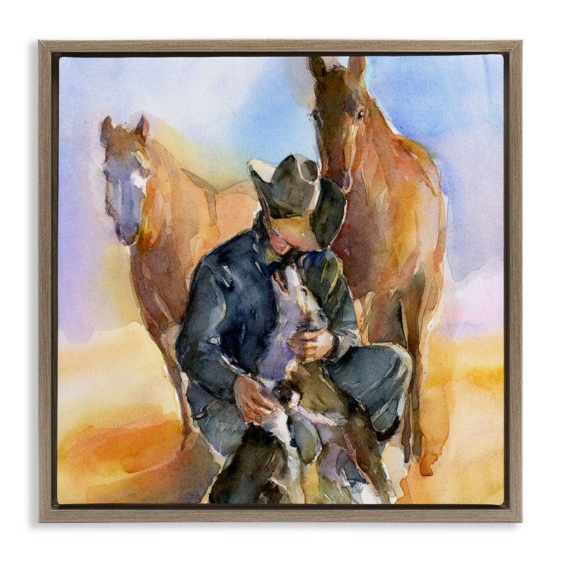Cowboy et animaux à l'aquarelle, Cadre flottant orme Montalcino, H 25 po x l 25 po