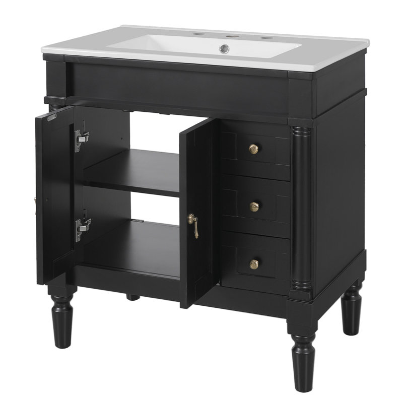 Meuble-lavabo moderne de 30 pouces, structure en bois massif et panneau de fibres à densité moyenne, 2 portes et 3 tiroirs, conception à fermeture en douceur, tablette ajustable en forme de U, lavabo en céramique, ensemble d'armoires de rangement pour salle de bain, conception moderne et élégante
