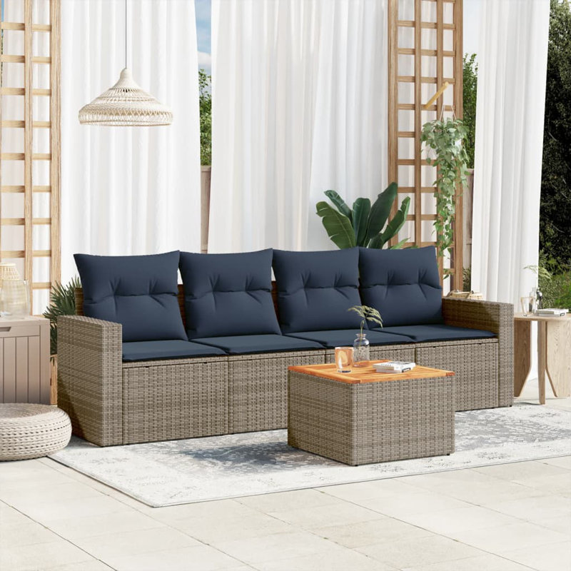 Ensemble de canapé de patio 5 pièces avec coussins en rotin de polyester, Gris, Marine