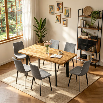 7 - Pieces Modern Kitchen Dining Set, 47.1"-63.1" Extendable Dining Table with 6 Upholstered Dining Chairs