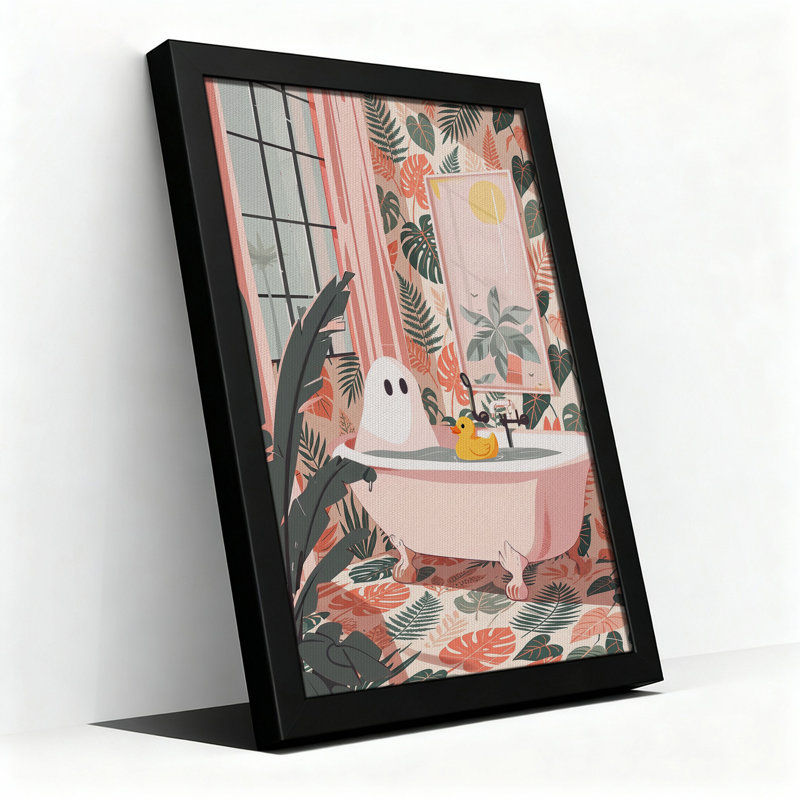 Art mural sur toile avec fantôme blanc dans une baignoire rose avec feuilles tropicales, H 18 po x l 12 po