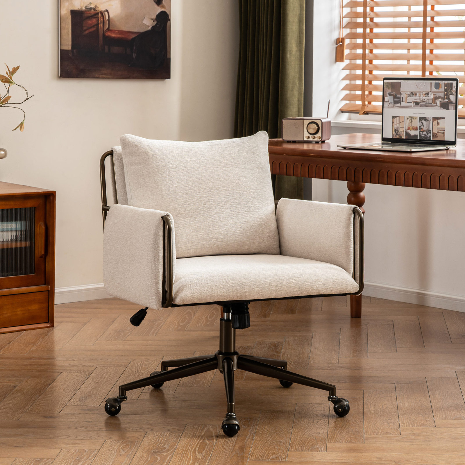 Arianna Upholstered Swivel Office Chair, Beige Seat/ Brass Frame
