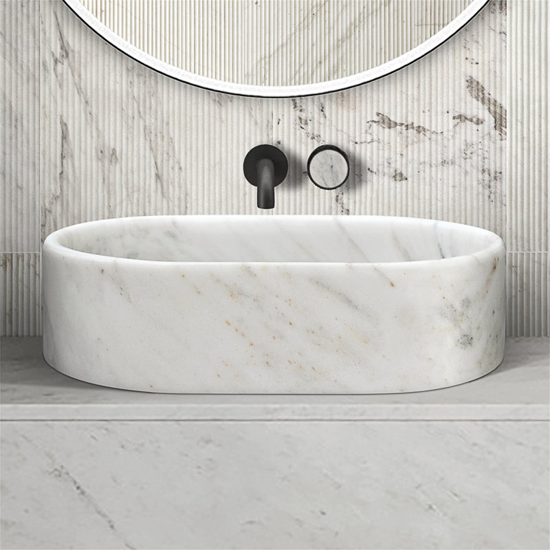White Natural Marble Bathroom Vessel Sink, White