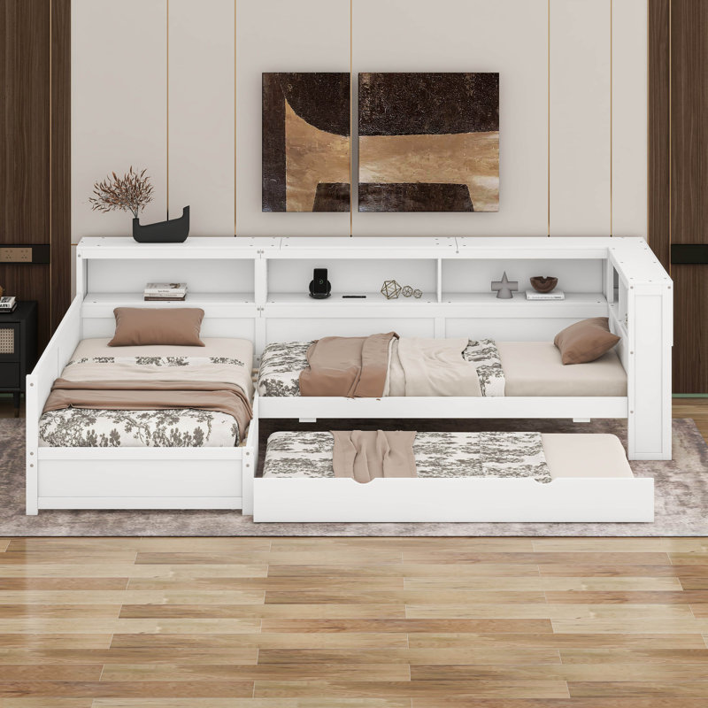 Lit plateforme en L avec lit gigogne, lit de jour avec tablette de rangement et station de charge, structure de lit d'angle simple en bois