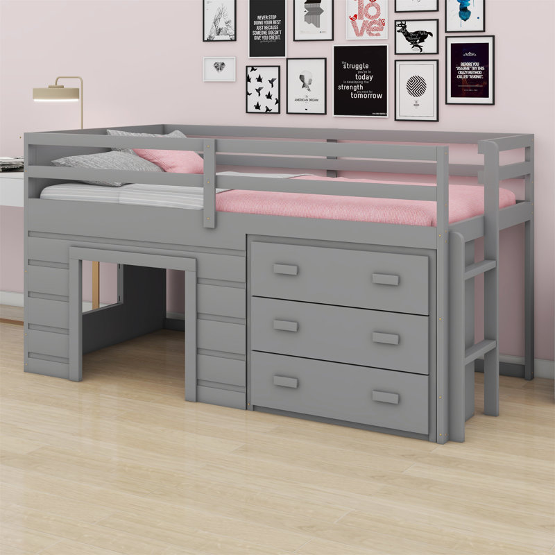 Lit mezzanine avec tiroirs et tablette, Gris