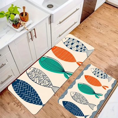 Geometric Fish Kitchen Mats for Kitchen Bathroom, 2 Pcs, Beige Blue Orange