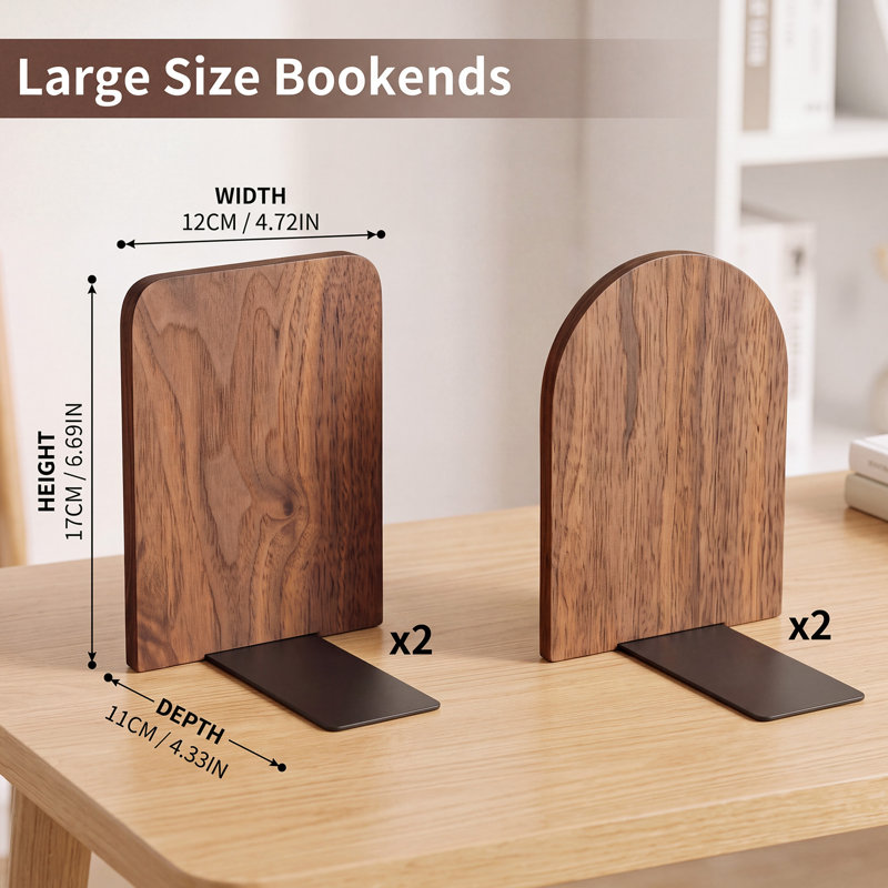 Ensemble de 4 serre-livres en noyer noir, ronds et carrés, avec bases métalliques antidérapantes pour la décoration de la maison et du bureau.