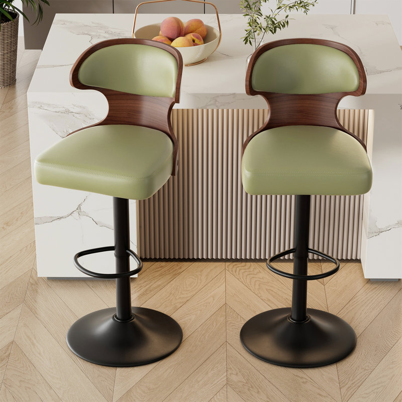 Bar Stools Set of 2 Seat Adjustable Height 62.2-85.1cm Bentwood Swivel Barstools with Back & Footrest - PU Leather Upholstered Bar Chair for Bar, Kitchen, Dining Room