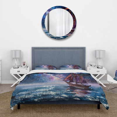 Wooden Sailboat With Red Sails & Bright Night Sky - Nautical Duvet Cover Set - Microfiber Polyester