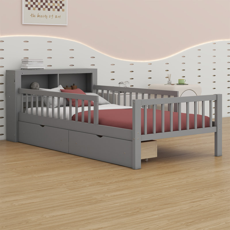Lit avec support de tête de lit, deux tiroirs sous le lit, trois barrières de sécurité pour plus de sécurité, Gris