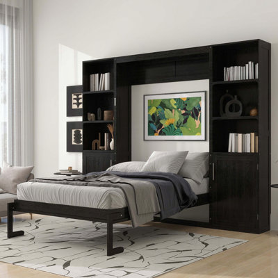 Grand lit escamotable en bois avec tablettes et armoires de rangement