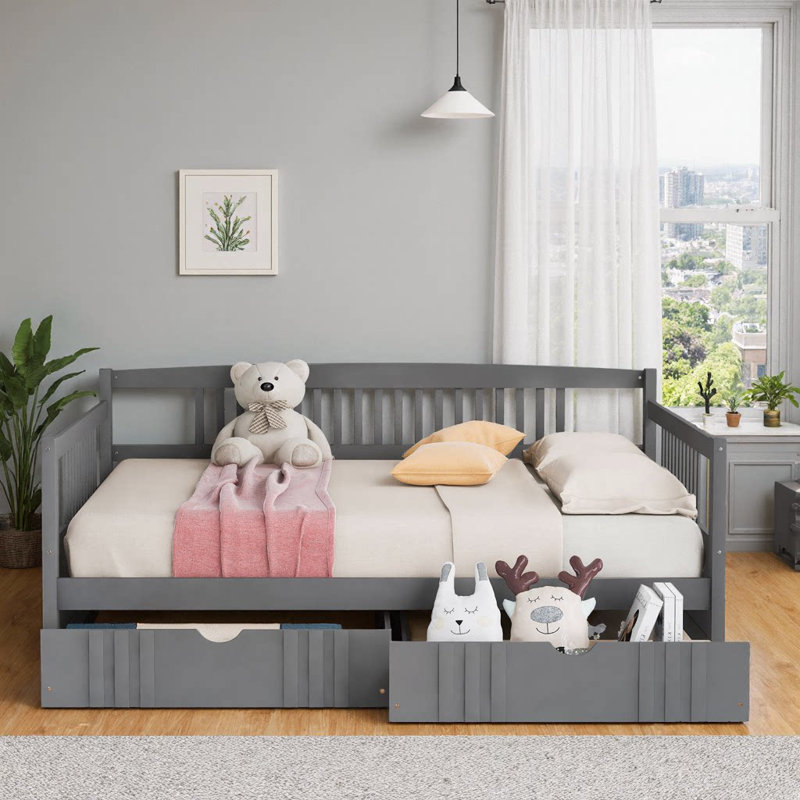 Full Size Espresso Solid Pine Wood Daybed with 2 Storage Drawers - Space-Saving Sleeper Sofa, Gray, Full