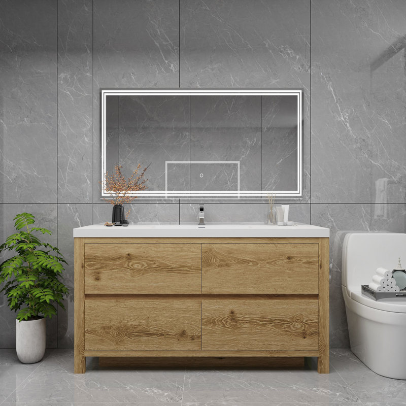 Meuble-lavabo simple 59,06 po avec plateau en acrylique Bethalto, Bois jaune