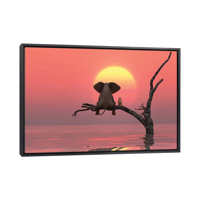 Éléphant et chien assis sur un arbre au coucher du soleil rouge par Mike Kyiv - reproduction d'art, Pas de tapis