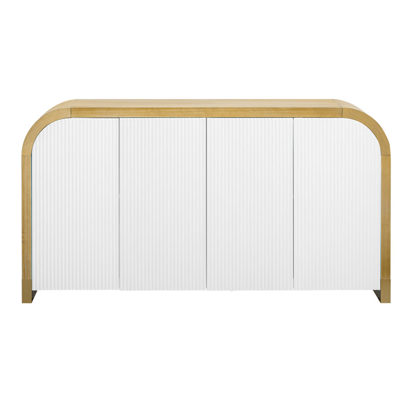 Genae 4-Door Curved Design Wavy Door Panel Cabinet with Adjustable Shelves, for Living Room and Entrance, Oak Wood, White