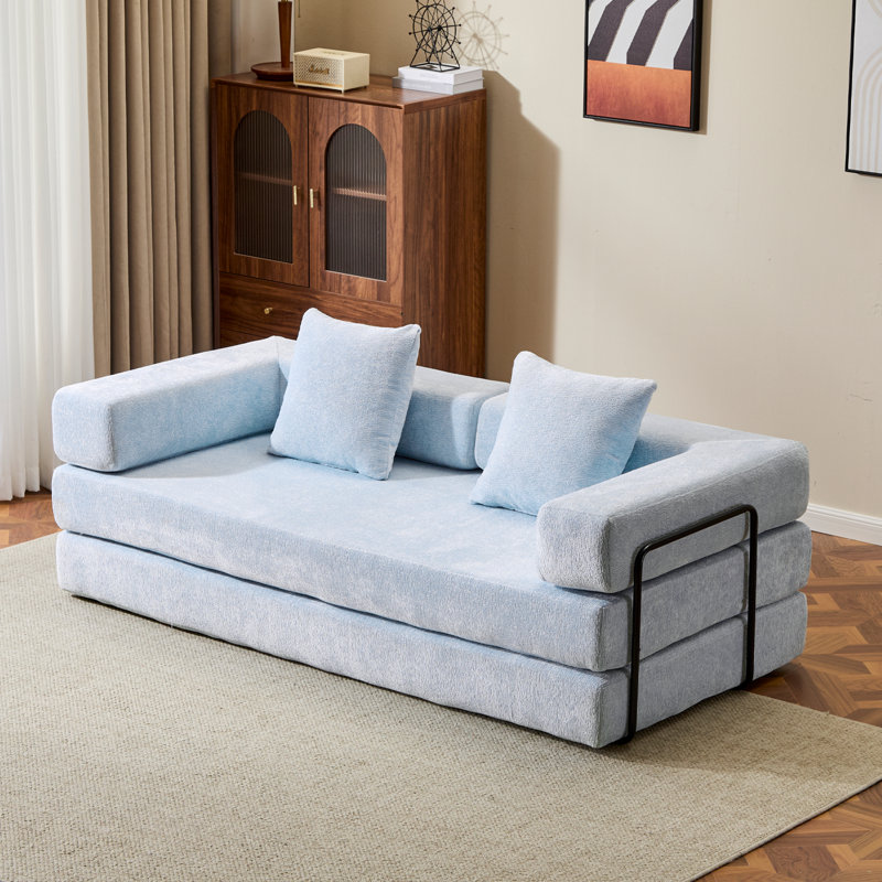 Boneless 76.77" Convertible Floor Compression Sofa Bed, 3-Seat Chenille Futon Couch with Pillow Back Support & Armrest, Foam Frameless Sleeper Sofa for Living Room Bedroom