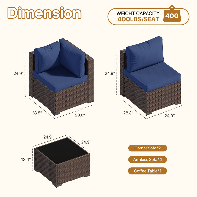 Ensemble de conversation 7 pièces pour 6 personnes , Bleu, Brun
