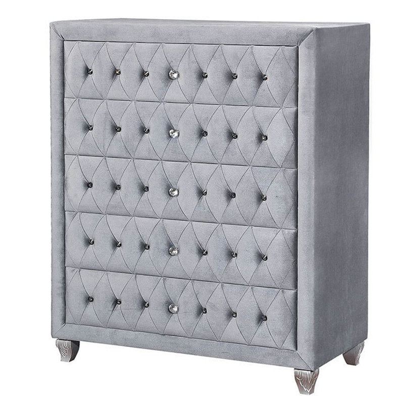 Rea Tall Dresser Chest, 5 Drawers With Crystal Knobs, Gray Velvet Upholstery, Gray
