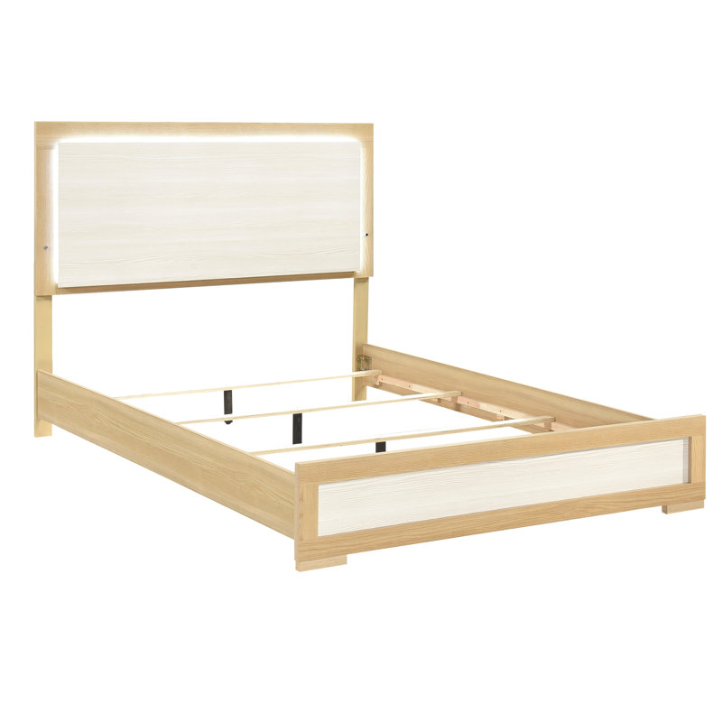 Lit à panneau grand contemporain, tête de lit à DEL, couleur naturelle et blanche, cadre de lit en bois, résistant aux égratignures, mobilier de chambre à coucher, sommier tapissier, bois d'ingénierie, utilisation, requis