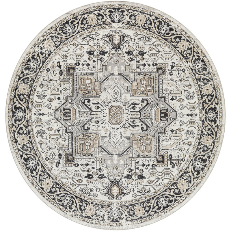 Haughton Machine Washable Oriental Black/Taupe Area Rug, Round 6'7"