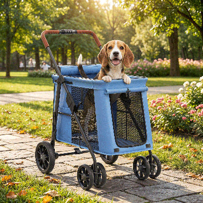 One-Click Foldable Pet Stroller,  4 Wheel Jogger Stroller With Storage, Removable Tray, Mesh Window, Safety Leash