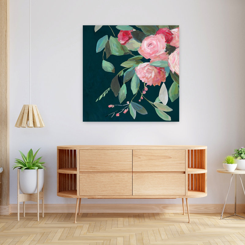 «Blossoms On Deep Green Canvas I», art mural contemporain abstrait, H 36 po x l 36 po