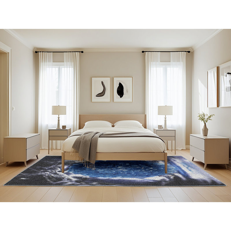 Tapis bleu et noir à motif abstrait, Rectangle 5 pi x 8 pi