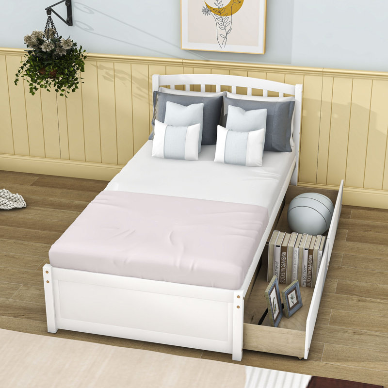 Dishad Twin Size 2 Drawers Wood Platform Bed with Headboard, White