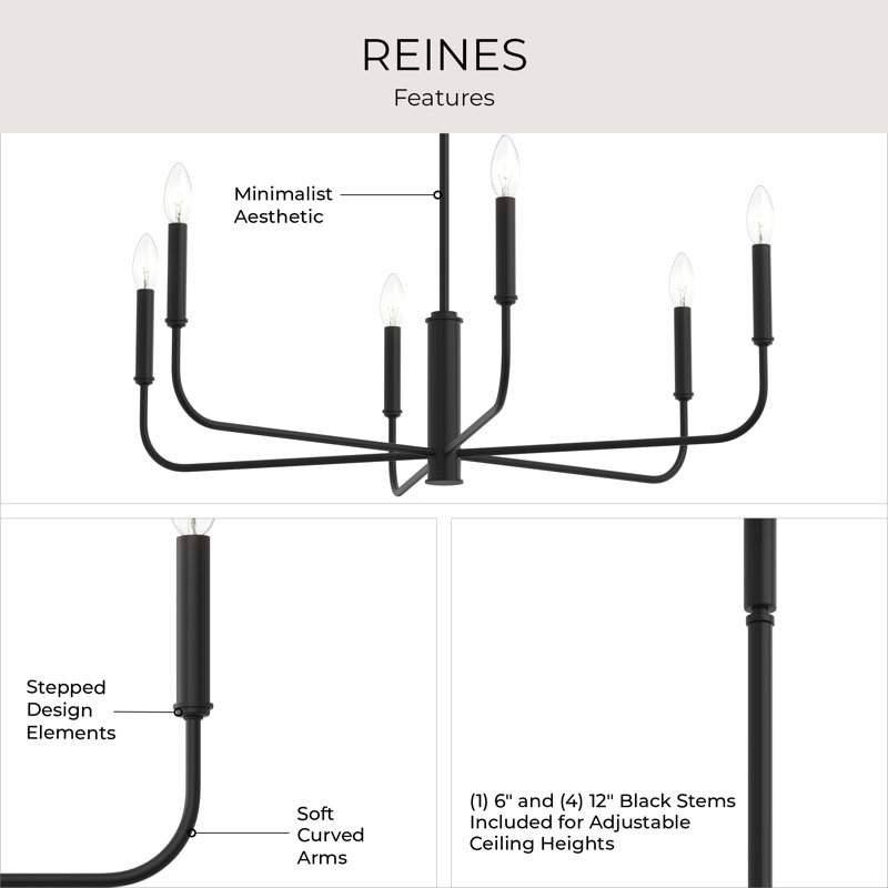 Reines Six-Light Matte Black Large Chandelier, Matte Black