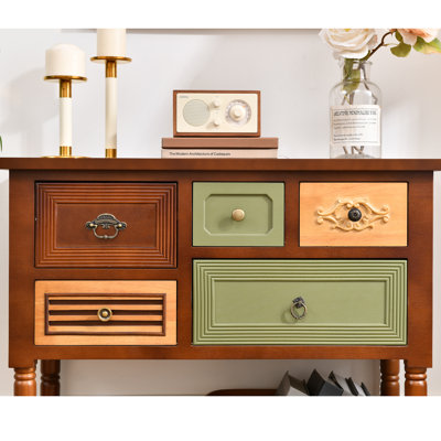 Fienley Vintage 5-Drawers Brown Console Table With Artistic Mixed-Color,Open Storage Shelf
