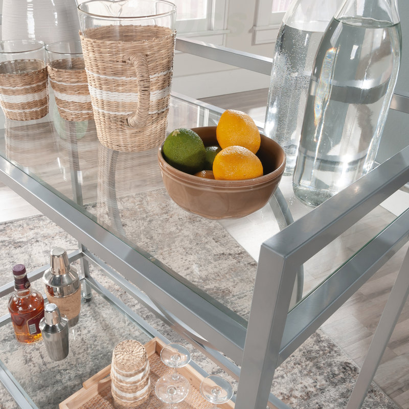 Chariot-bar contemporain avec 2 tablettes en verre, finition grise