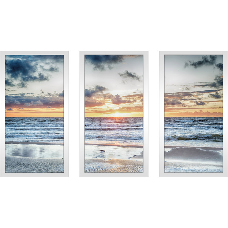 Coucher de soleil à la mer orageuse - ensemble de 3 reproductions de photos sur acrylique, H 33,5 po x l 52,5 po x P 1 po