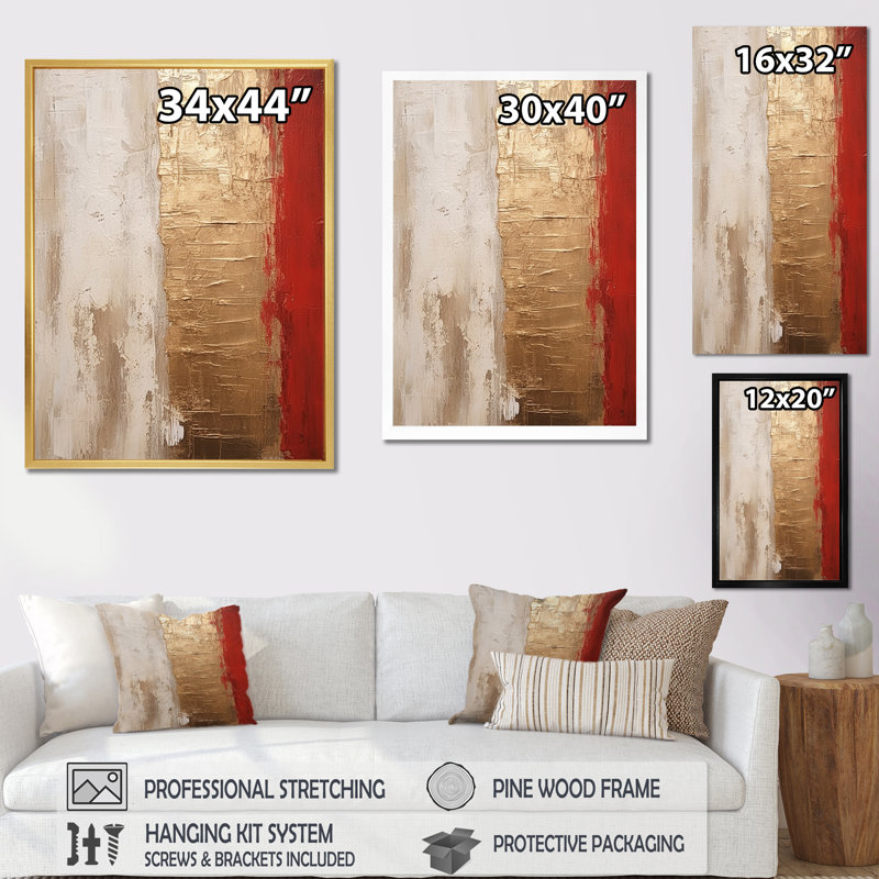Pleine lune rédempte abstraite or et rouge I - peinture abstraite, art mural, H 44 po x l 34 po x P 1,5 po