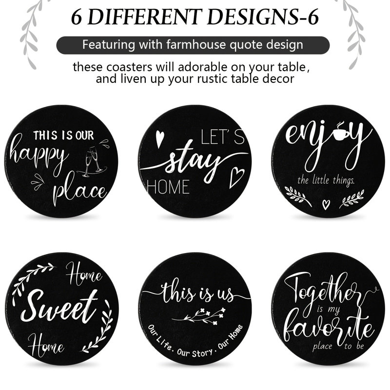 6Pc Black Wooden Heart Coasters With Holder, Brown