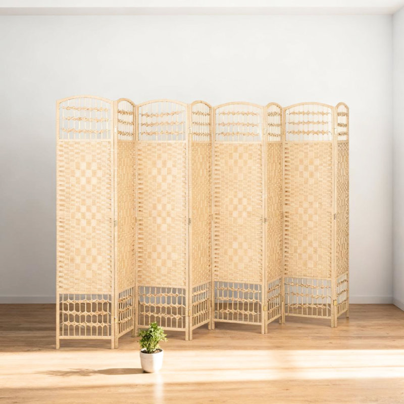 Freestanding 8 Panel Privacy Screen, Room Divider With Elevated Feet For Airflow And A Natural Woven - Look Hand Pattern Space Saving Folding
