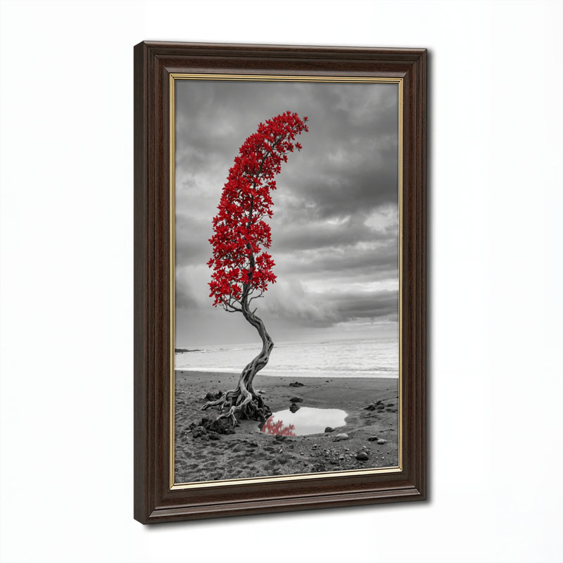 Art mural antique sur toile encadré doré pour le salon, la chambre à coucher, le bureau ou le vestibule - Décoration murale décorative avec arbre rouge