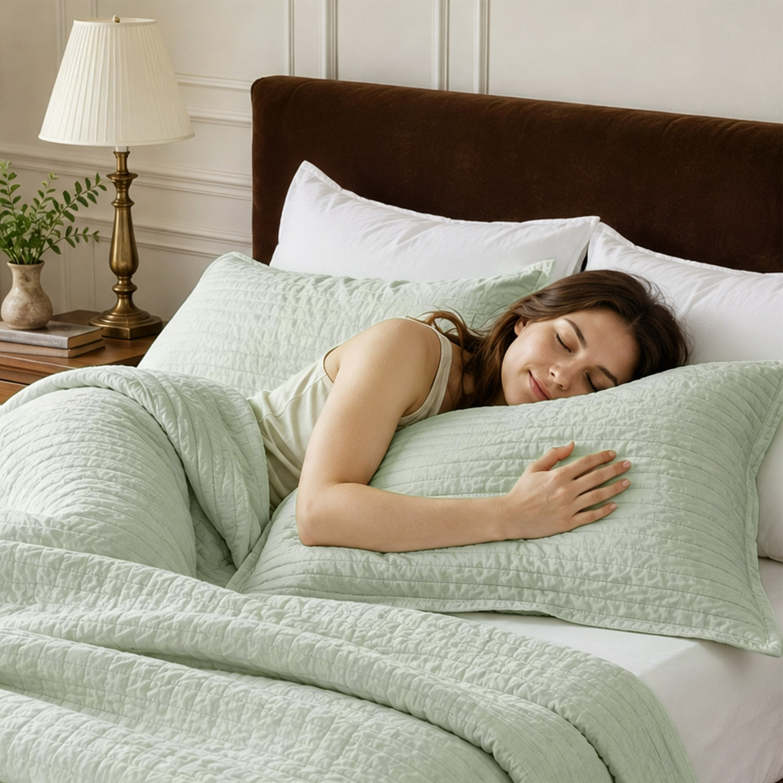 Clara 100% French Linen Channel Quilt Set with Shams, Queen Quilt + 2 Standard Shams, Desert Sage