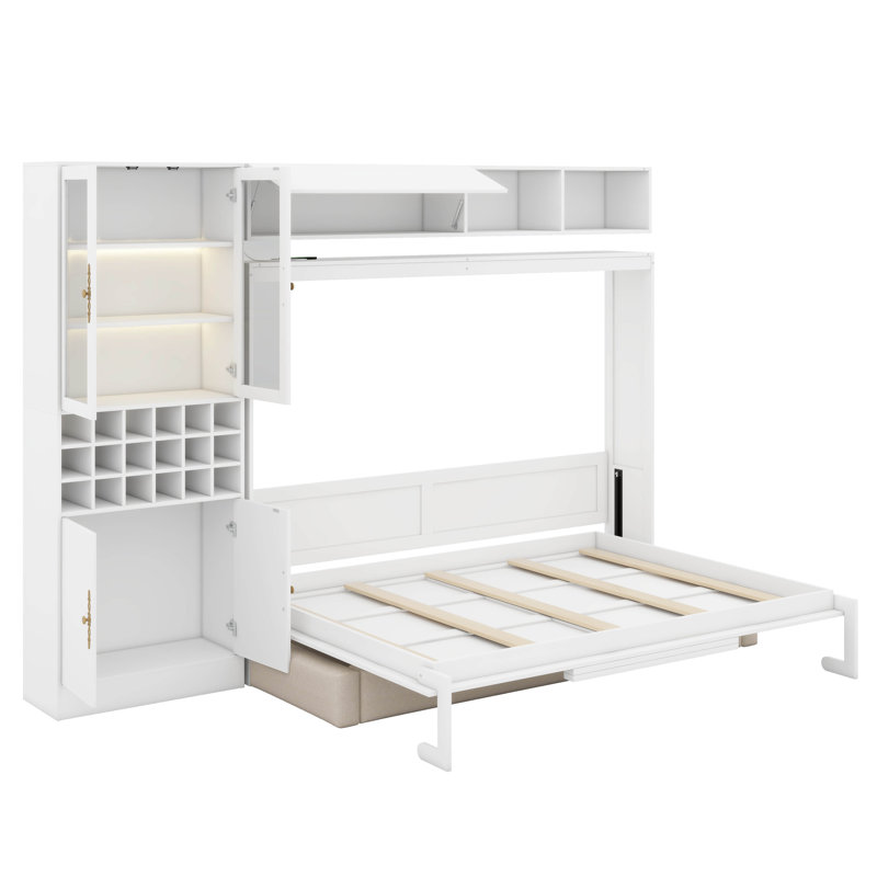 Lit escamotable mural Murphy avec canapé, USB et lumière, Blanc, Grand lit