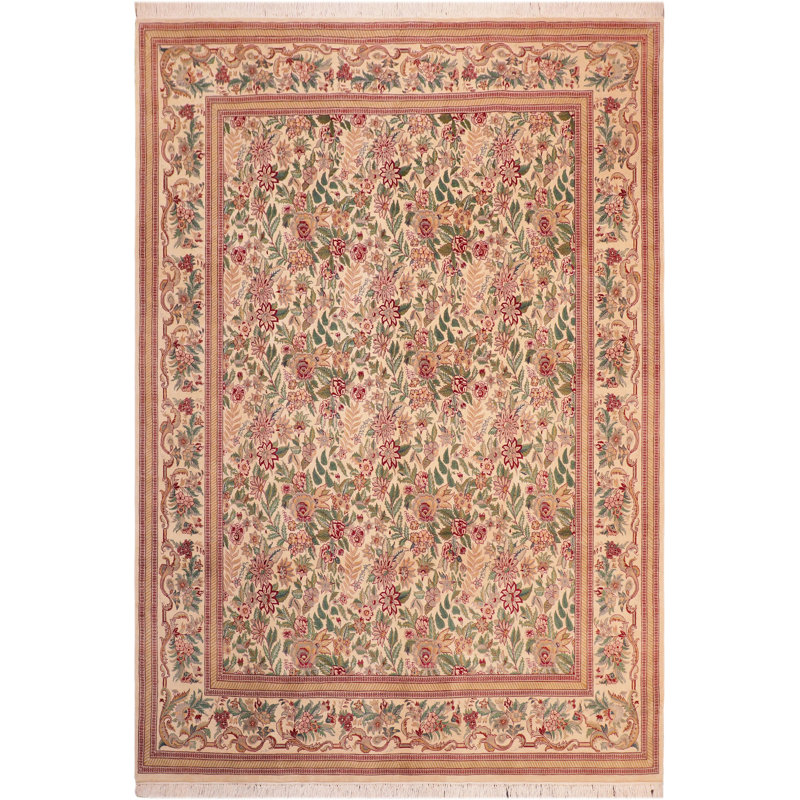 Tapis beige / rouge / vert en laine noué à la main 7 pi 11 po x 10 pi 4 po Paavan