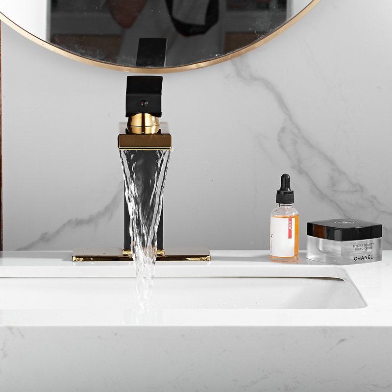 Single Hole Faucet Single-handle Waterfall Bathroom Faucet with Drain Assembly, Black/Gold