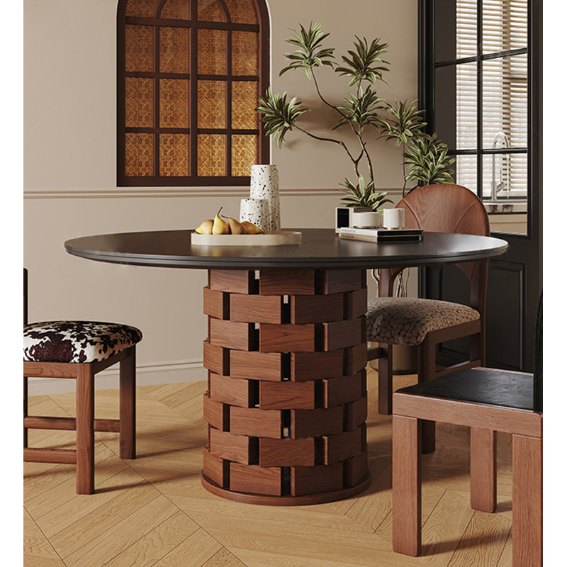 Table de salle à manger ronde avec dalle de pierre frittée noire de style Mid-Century Wabi-Sabi
