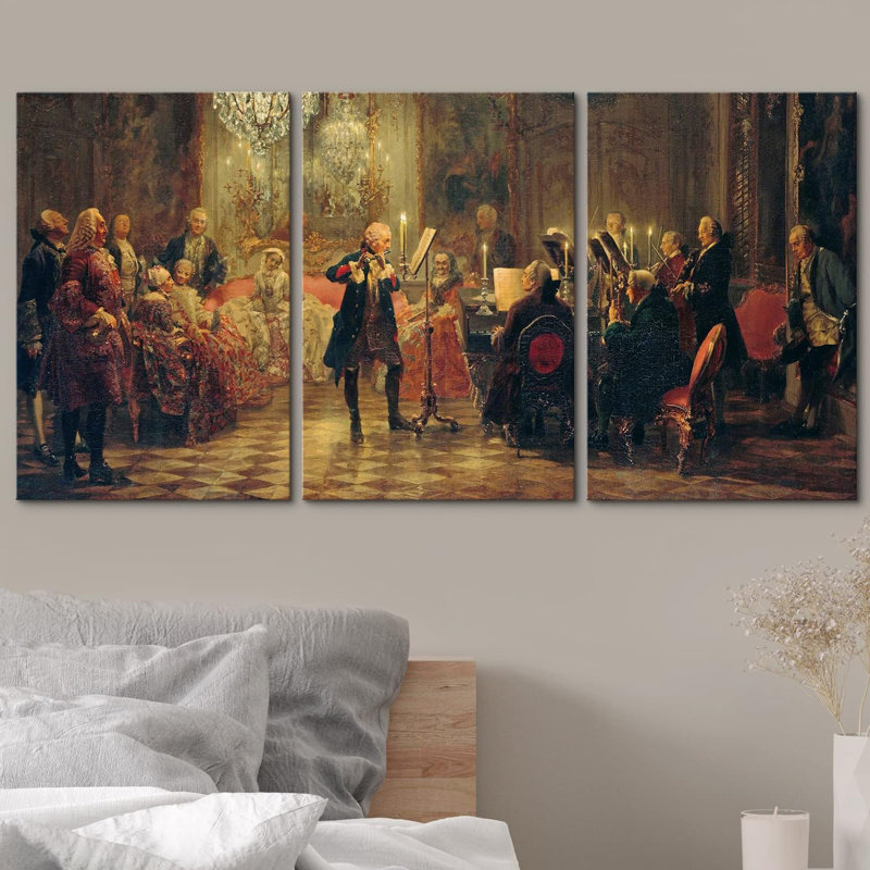 «Concerts avec Frederick le Grand», 3 pièces par Adolph Menzel, Toile tendue, H 24 po x l 16 po x P 1,5 po