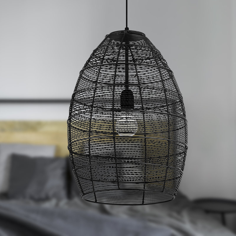 12.25"W Atmore Metal Woven Cone-Shaped Pendant Light - Beachcrest Home, Black, Black