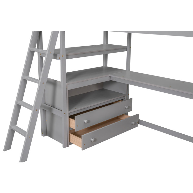 Lit mezzanine simple gris avec bureau, tablettes et tiroirs coulissants fonctionnels, Lit simple, Gris