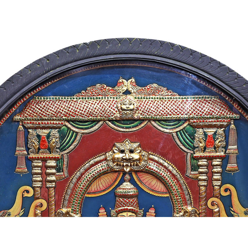 20 "circulaire Gajalakshmi Tanjore, peinture | Art mural encadré en bois de teck de feuille d'or 24K