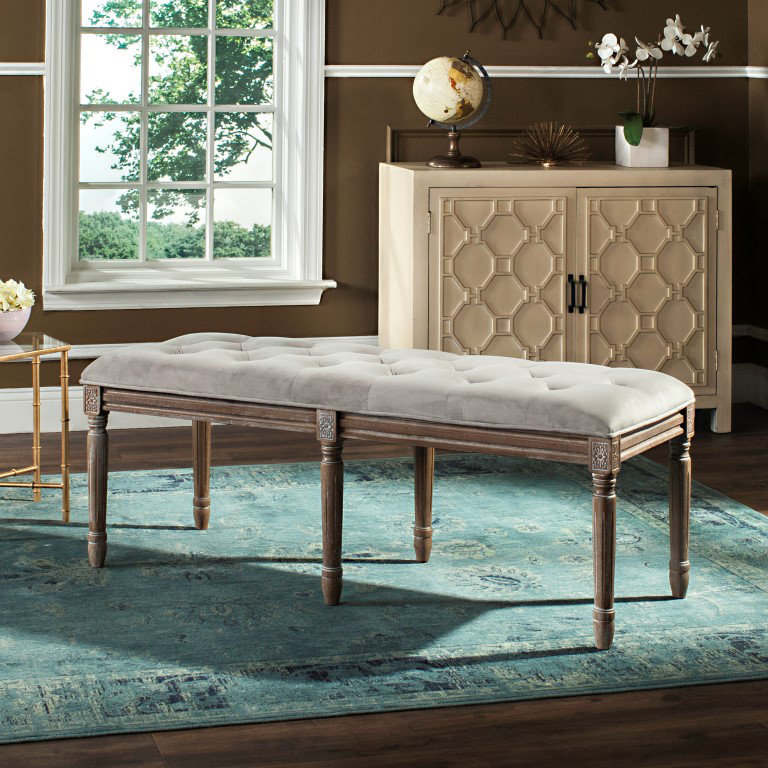 Banc rembourré Moneta, Velours gris / chêne rustique