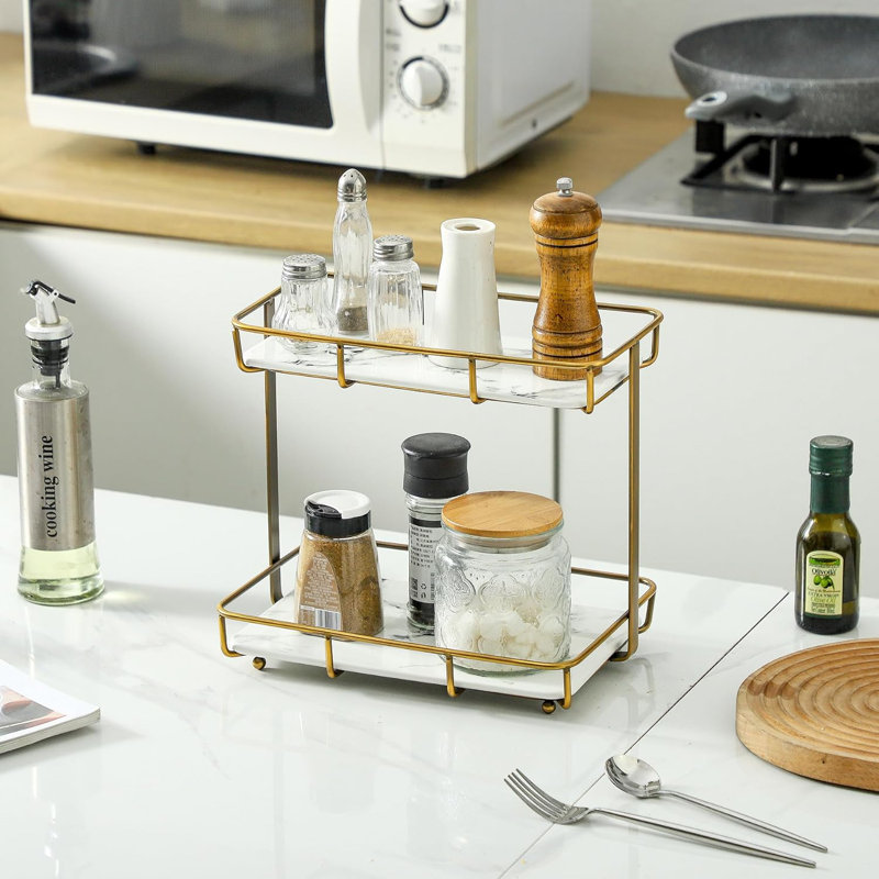 Organisateur de salle de bain - Comptoir de maquillage et de parfum à 2 niveaux avec cadre en acier inoxydable et plateaux à motif de marbre pour meuble-lavabo, commode ou cuisine